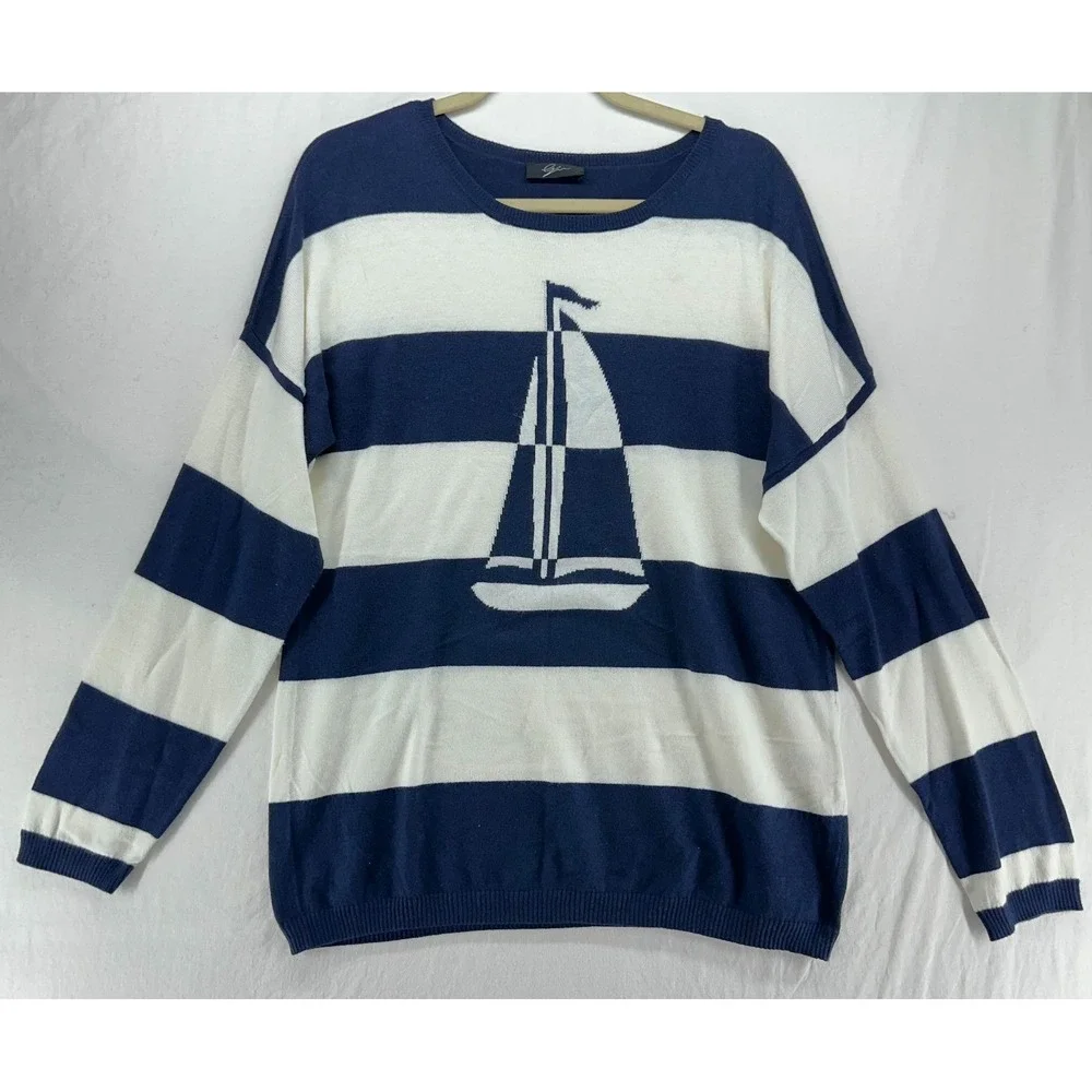 G.W. Sailboat Striped Sweater Navy White Nautical Knit Top Large